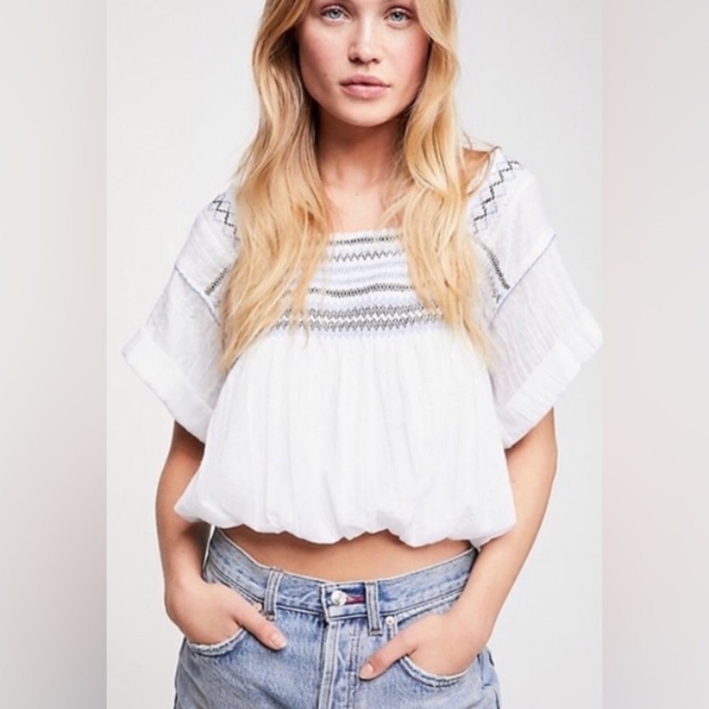 Free People Wondering Skies Embroidered Cottegecore Green Blouse EUC Size - L